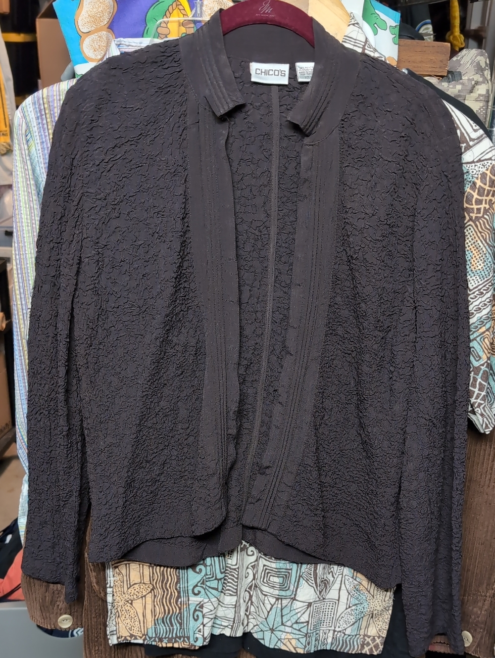 Chico's Black Textured Open-Front Cardigan with Collar Size 0
